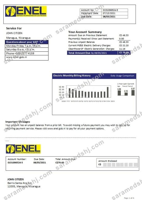 Nicaragua Nicaraguan Electricity Company ENEL electricity utility bill template in Word and PDF format